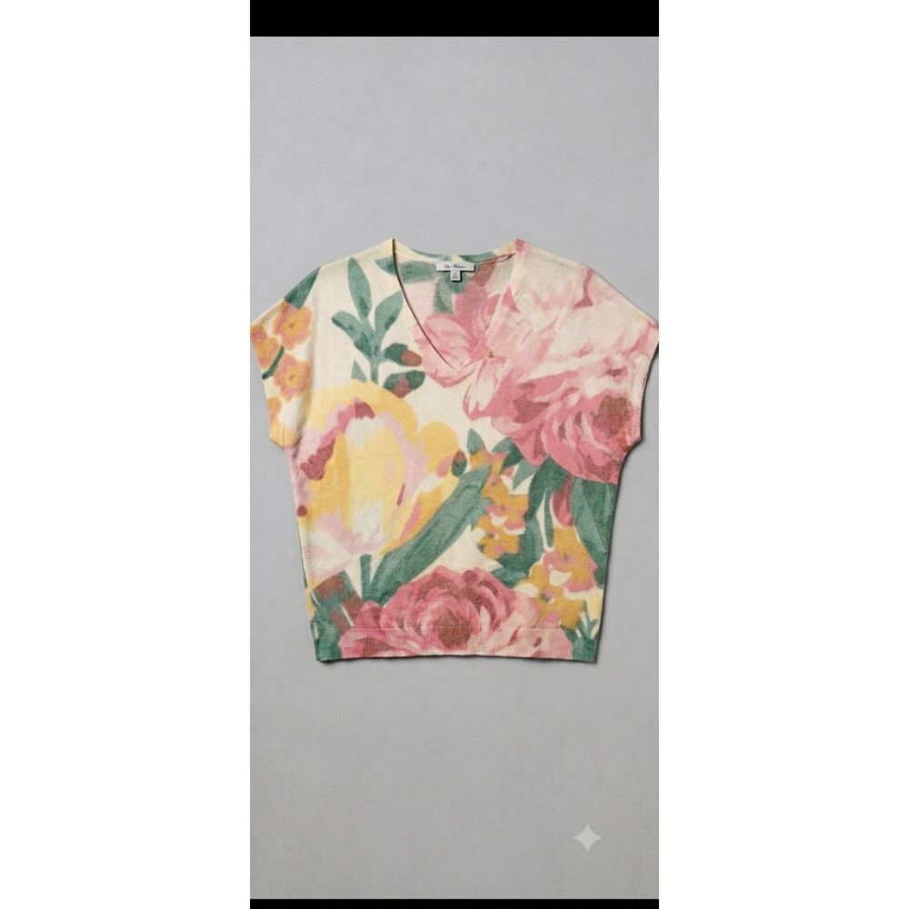 Vila Milano Pastel Floral V-Neck Short Sleeve Knit Sweater Top Small